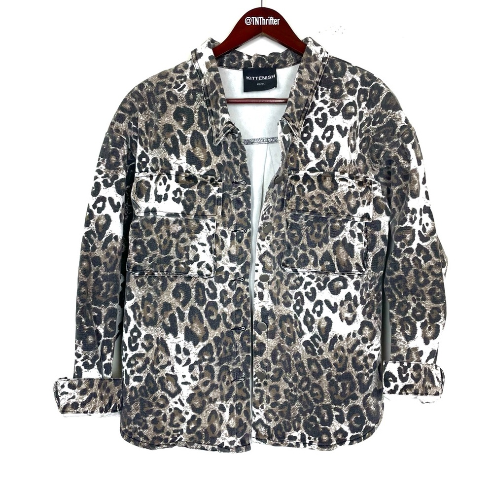 Kittenish Women’s Oversized Leopard Cheetah Denim Jean Jacket Small Brown Boho